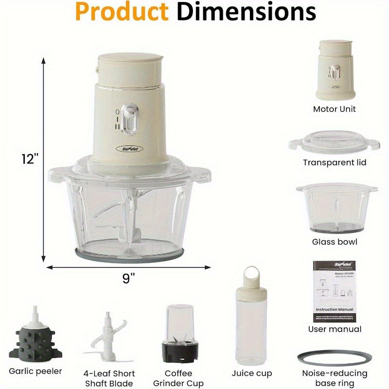 4-in-1 Electric Food Processor, Sunvivi Mini Chopper for Meat Grinding, Garlic Peeling & Juicing, 2-Speed Blender with 50.72oz Glass Bowl, Includes 13.53oz and 6.76oz Cups