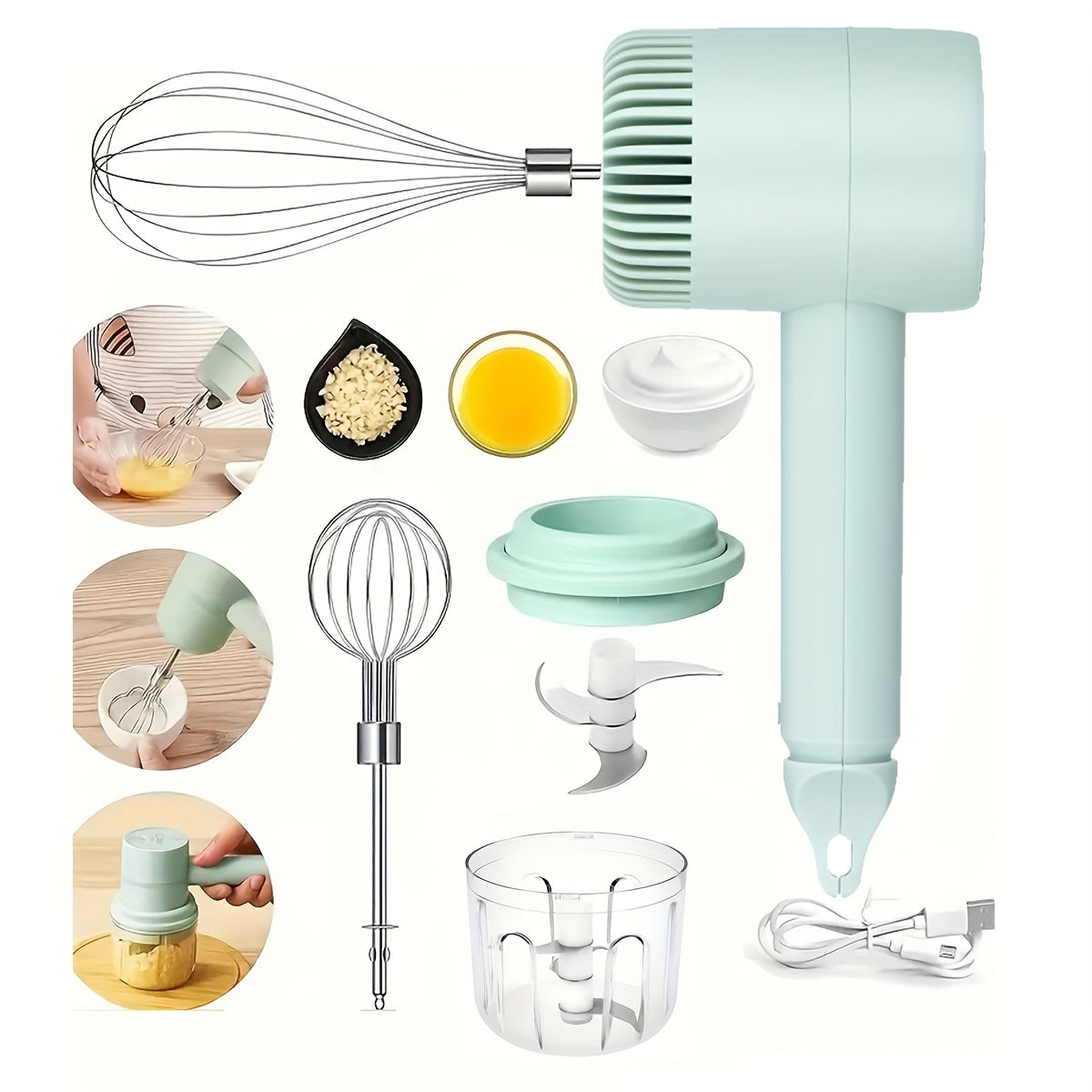 [Portable Food Processor] Rechargeable Portable Electric Food Processor with 3 Sharp Stainless Steel Blades | Multi-Functional Kitchen Appliance for Chopping, Grinding, Mixing Eggs & Cream, Ideal for Garlic, Pepper, Onion, Celery, Ginger, Meat - 1200mAh