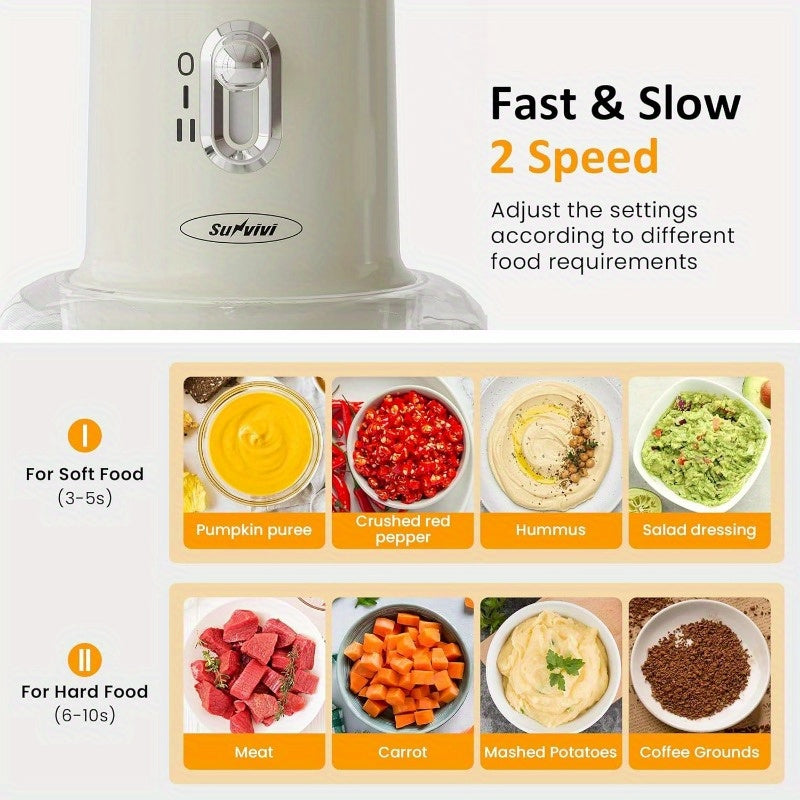 4-in-1 Electric Food Processor, Sunvivi Mini Chopper for Meat Grinding, Garlic Peeling & Juicing, 2-Speed Blender with 50.72oz Glass Bowl, Includes 13.53oz and 6.76oz Cups