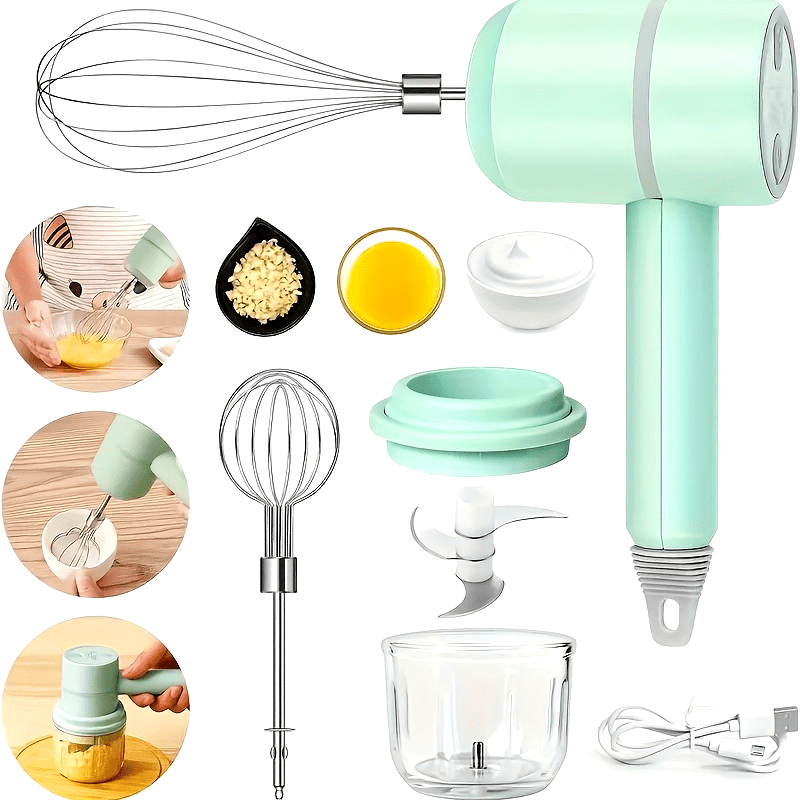 1 Set Multifunctional Electric Garlic Masher & Egg Beater 2-in-1 Set - Rechargeable Portable Handheld Mixer & Mini Meat Grinder for Cake Cream Baking - USB Charging Kitchen Tool with Multiple Attachments and Easy Cleaning Design
