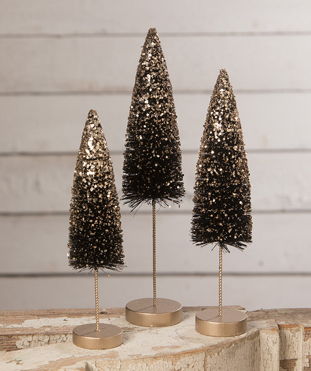 Black Bottle Brush Trees with Gold Glitter