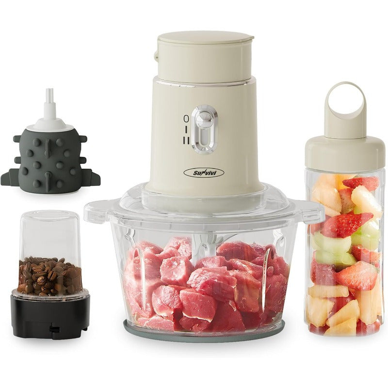 4-in-1 Electric Food Processor, Sunvivi Mini Chopper for Meat Grinding, Garlic Peeling & Juicing, 2-Speed Blender with 50.72oz Glass Bowl, Includes 13.53oz and 6.76oz Cups