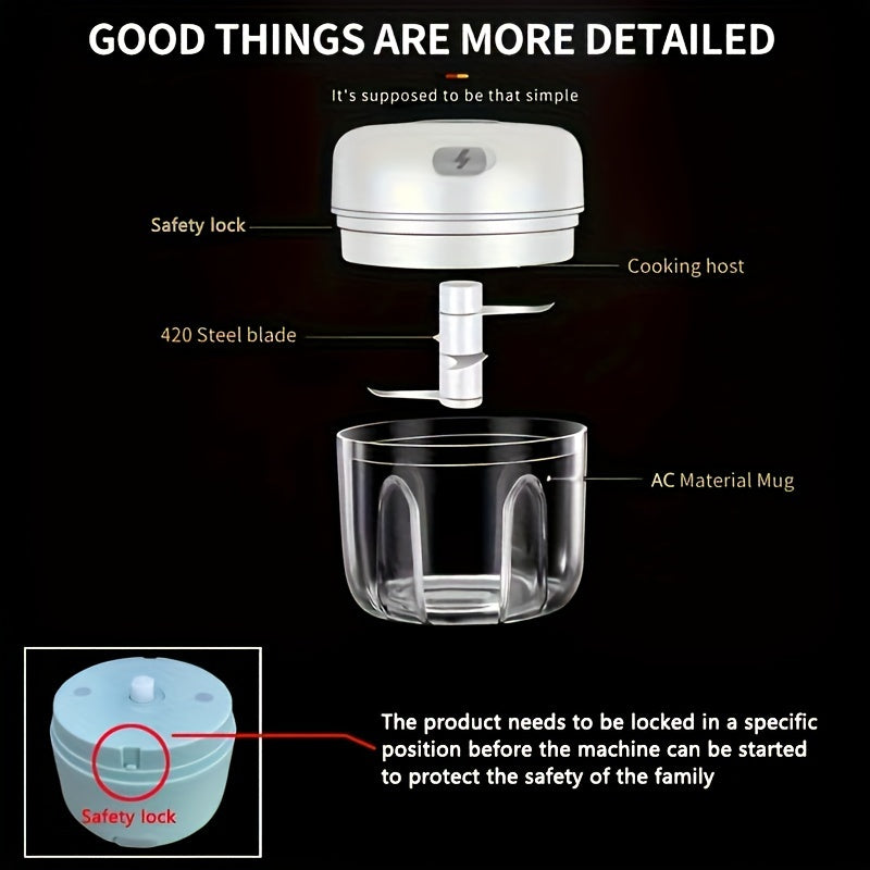 1pc Electric Mini Garlic Chopper with a Capacity of 100+8.45oz, USB MeatGrinder, And Garlic Crusher. it ls a Robust Tool for Crushing Ginger AndVegetables, Featuring a Safety Switch And a Thickened Design.